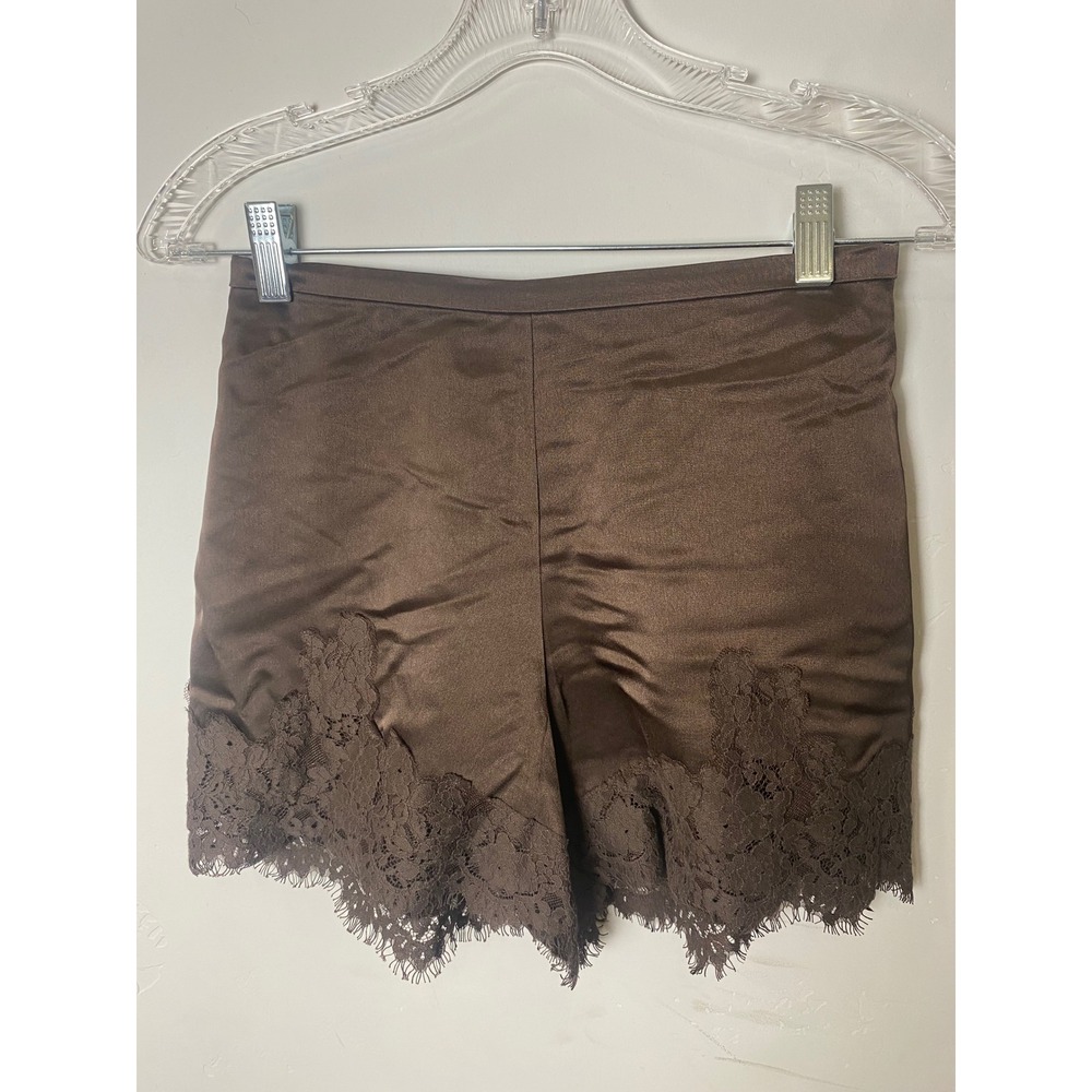 Willow & Wind Brown Satin Silky Lace Trim Shorts Boho Boudoir Coquette S